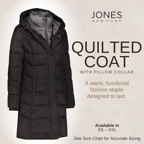 Jones NY Hooded Women's Puffer Jacket with Pillow Collar Bib, Womens Winter Coat, Black in Saudi Arabia