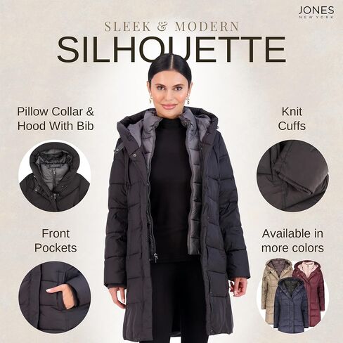 Jones NY Hooded Women's Puffer Jacket with Pillow Collar Bib, Womens Winter Coat, Black in Saudi Arabia