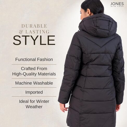 Jones NY Hooded Women's Puffer Jacket with Pillow Collar Bib, Womens Winter Coat, Black in Saudi Arabia