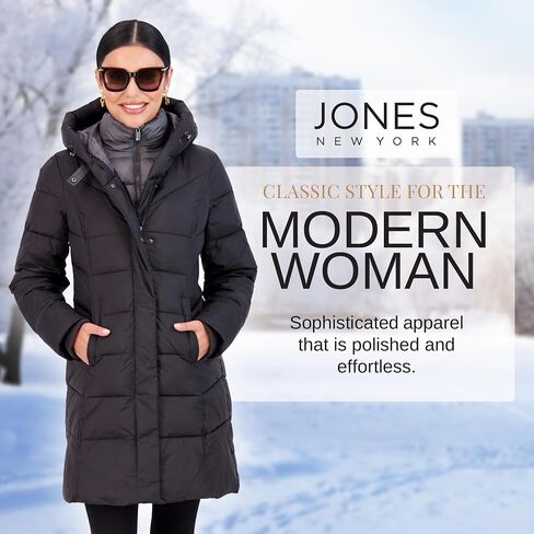 Jones NY Hooded Women's Puffer Jacket with Pillow Collar Bib, Womens Winter Coat, Black in Saudi Arabia