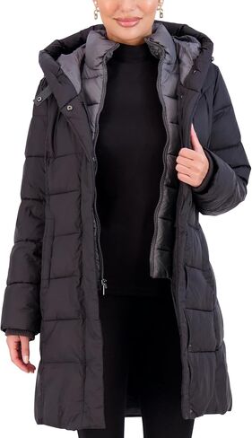 Jones NY Hooded Women's Puffer Jacket with Pillow Collar Bib, Womens Winter Coat, Black in Saudi Arabia