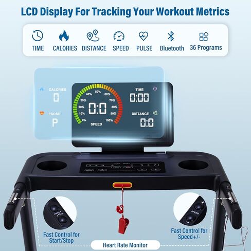 Treadmills for Home, 350 lbs Capacity, 10 MPH, 3.0HP Incline Treadmill with Bluetooth APP, Running Threadmills Machine, 17" Belt, LCD Display, 36 Programs in Kuwait