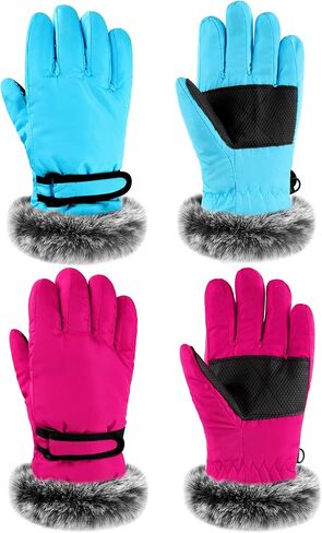 Geyoga 2 Pair Kids Winter Snow Ski Gloves Waterproof Faux Fur Snowboard Mittens Windproof for Youth Teen Boys Girls Children (Blue, Rose Red,5-10 Years) in Saudi Arabia