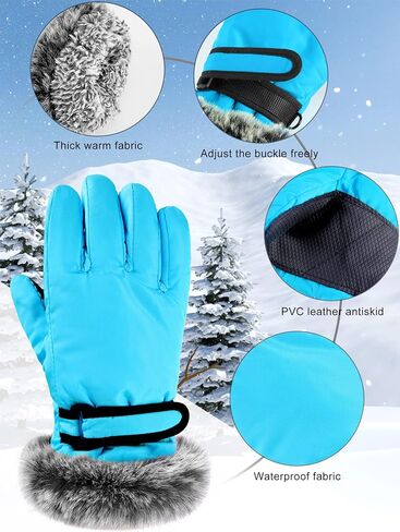 Geyoga 2 Pair Kids Winter Snow Ski Gloves Waterproof Faux Fur Snowboard Mittens Windproof for Youth Teen Boys Girls Children (Blue, Rose Red,5-10 Years) in Saudi Arabia
