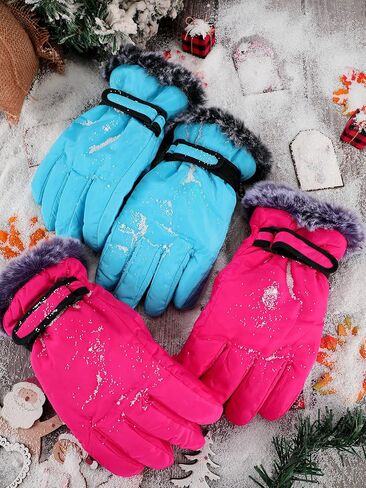 Geyoga 2 Pair Kids Winter Snow Ski Gloves Waterproof Faux Fur Snowboard Mittens Windproof for Youth Teen Boys Girls Children (Blue, Rose Red,5-10 Years) in Saudi Arabia