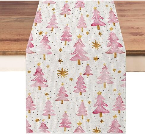 Christmas Table Runner 13x72 Inch, Pink Merry Christmas Trees Table Decors for Seasonal Winter Xmas Holiday Farmhouse Home Kitchen Dining Party in Saudi Arabia