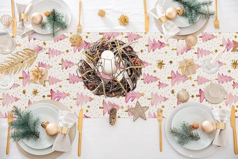 Christmas Table Runner 13x72 Inch, Pink Merry Christmas Trees Table Decors for Seasonal Winter Xmas Holiday Farmhouse Home Kitchen Dining Party in Saudi Arabia