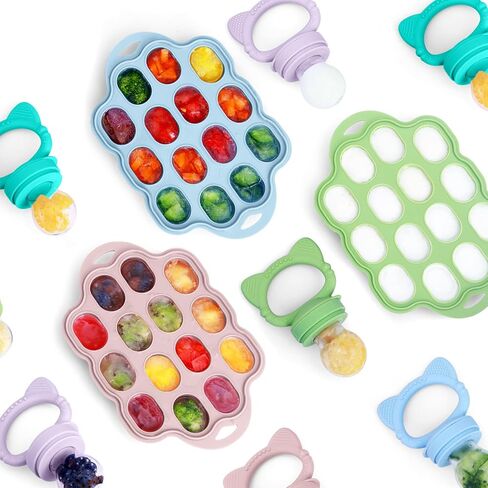 وحدة تغذية عضاضة لأغذية الأطفال من السيليكون مع مجموعة قوالب مصاصة لحليب الأم، لهاية تغذية طعام الفواكه للأطفال خالية من مادة BPA، مصاصة تسنين للأطفال بعمر 4 أشهر فما فوق، تتضمن 3 أكياس طعام بأحجام in Kuwait
