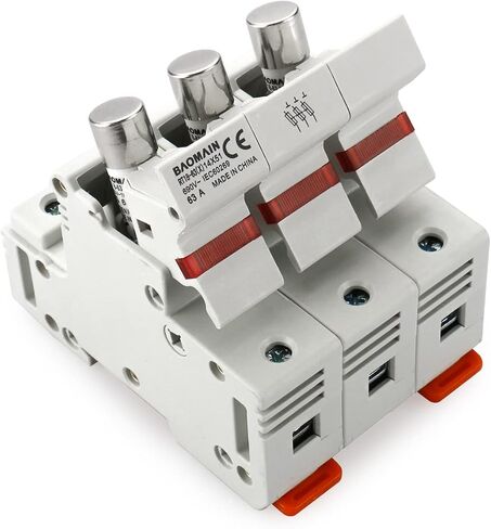 Baomain Cylindrical Fuse Holder RT18-63(X) 14mm X 51mm Fuse Base 3 Poles DIN Distribution Electrical Rail Mount With 20 PCS of RO16 Fuse(50 Amp) CE Listed in Saudi Arabia