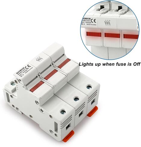 Baomain Cylindrical Fuse Holder RT18-63(X) 14mm X 51mm Fuse Base 3 Poles DIN Distribution Electrical Rail Mount With 20 PCS of RO16 Fuse(50 Amp) CE Listed in Saudi Arabia