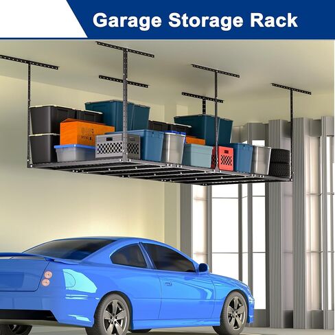 GIOTORENT 3x8FT Overhead Garage Storage Rack, Heavy Duty Metal Garage Ceiling Storage Racks, Adjustable Garage Shelving/Garage Organization/Garage Storage Shelves, 600lbs Weight Capacity, Black in Saudi Arabia
