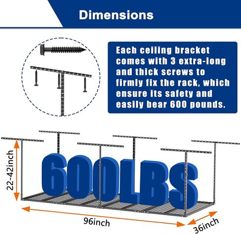 GIOTORENT 3x8FT Overhead Garage Storage Rack, Heavy Duty Metal Garage Ceiling Storage Racks, Adjustable Garage Shelving/Garage Organization/Garage Storage Shelves, 600lbs Weight Capacity, Black in Saudi Arabia