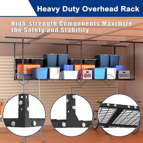 GIOTORENT 3x8FT Overhead Garage Storage Rack, Heavy Duty Metal Garage Ceiling Storage Racks, Adjustable Garage Shelving/Garage Organization/Garage Storage Shelves, 600lbs Weight Capacity, Black in Saudi Arabia