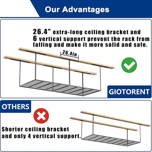 GIOTORENT 3x8FT Overhead Garage Storage Rack, Heavy Duty Metal Garage Ceiling Storage Racks, Adjustable Garage Shelving/Garage Organization/Garage Storage Shelves, 600lbs Weight Capacity, Black in Saudi Arabia