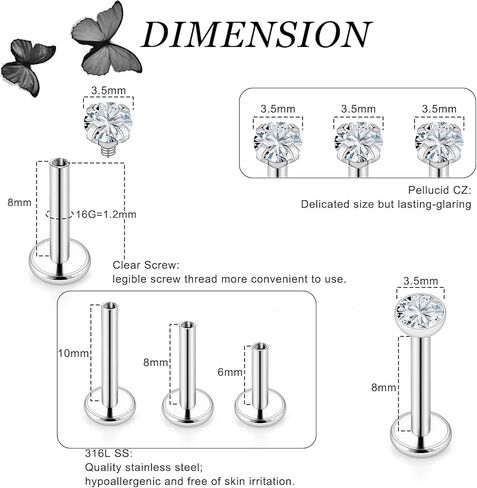 16G Lip Rings For Women Stainless Surgical Steel Labret Jewelry Monroe Lip Ring Medusa Piercing Jewelry Tragus Helix Cartilage Forward Earring Piercing Jewelry For Women 6MM 8MM 10MM 6 Pairs in Kuwait