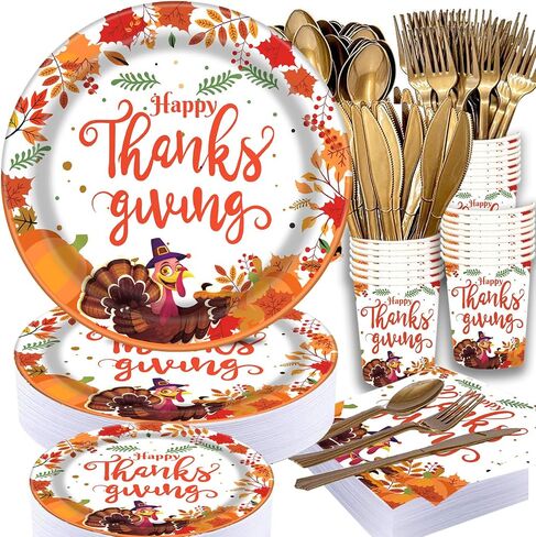 Thanksgiving Paper Plate, Fall Party Supplies Tableware Set - 2 Pcs Tablecloth with 25 Set Turkey Pumpkin Maple Disposable Plates and Napkins Dinnerware Set for 25 Guest Autumn Harvest Table Decor in Saudi Arabia