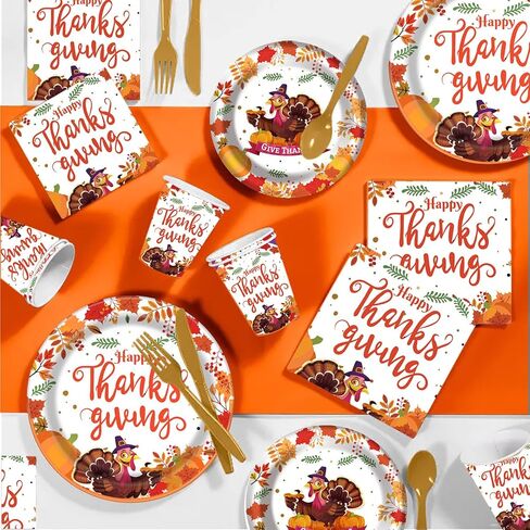Thanksgiving Paper Plate, Fall Party Supplies Tableware Set - 2 Pcs Tablecloth with 25 Set Turkey Pumpkin Maple Disposable Plates and Napkins Dinnerware Set for 25 Guest Autumn Harvest Table Decor in Saudi Arabia