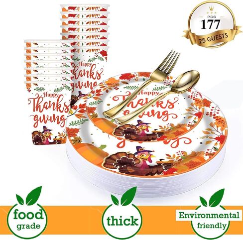 Thanksgiving Paper Plate, Fall Party Supplies Tableware Set - 2 Pcs Tablecloth with 25 Set Turkey Pumpkin Maple Disposable Plates and Napkins Dinnerware Set for 25 Guest Autumn Harvest Table Decor in Saudi Arabia