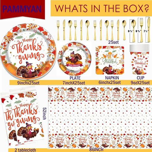 Thanksgiving Paper Plate, Fall Party Supplies Tableware Set - 2 Pcs Tablecloth with 25 Set Turkey Pumpkin Maple Disposable Plates and Napkins Dinnerware Set for 25 Guest Autumn Harvest Table Decor in Saudi Arabia