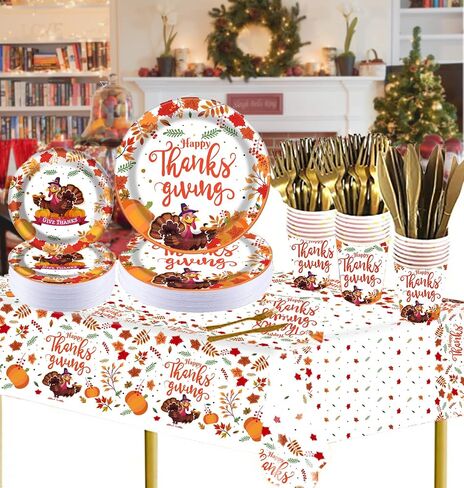 Thanksgiving Paper Plate, Fall Party Supplies Tableware Set - 2 Pcs Tablecloth with 25 Set Turkey Pumpkin Maple Disposable Plates and Napkins Dinnerware Set for 25 Guest Autumn Harvest Table Decor in Saudi Arabia