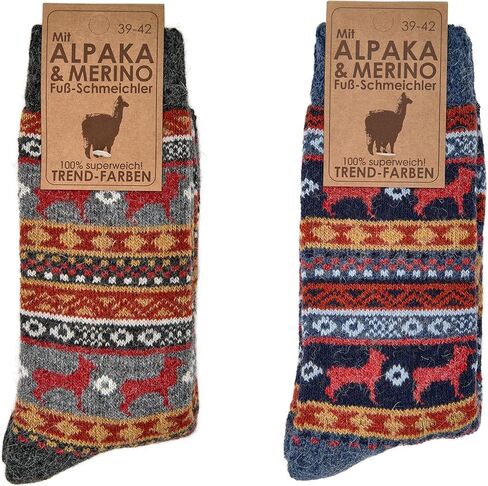 زوجان من الجوارب النسائية من الصوف النرويجي من تصميم Leo Design محبوكة حراريًا، نمط بيرو، صوف الميرينو والألبكة Hygge للطقس البارد in Kuwait