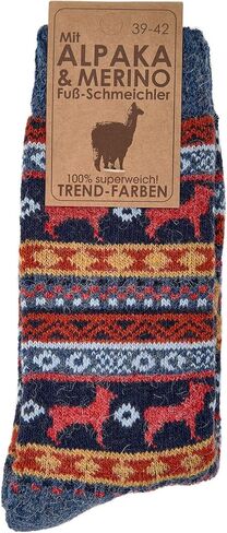 زوجان من الجوارب النسائية من الصوف النرويجي من تصميم Leo Design محبوكة حراريًا، نمط بيرو، صوف الميرينو والألبكة Hygge للطقس البارد in Kuwait