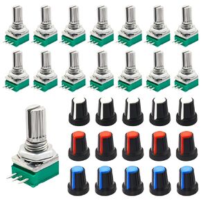 15Pcs 3Pin RK097N-3-10K Single Linear Rotary Seal Amplifier B10k Potentiometers with 3 Colors Knob Type 10k Ohm Knurled Shaft