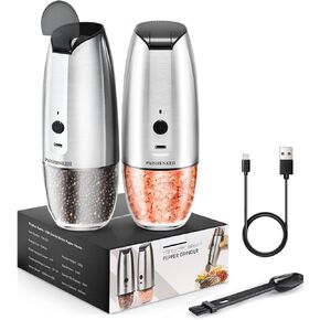 Electric Salt and Pepper Grinder Set - Battery Operated Pepper Mill Automatic, Battery Powered Auto Shakers with Light, Refillable Peppermills for Kitchen Black Wooden Color