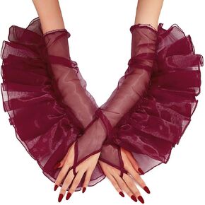 CASDRE Long Tulle Wedding Gloves Fingerless Ruffled Evening Party Gloves Elbow Length Halloween Gloves for Women and Girls