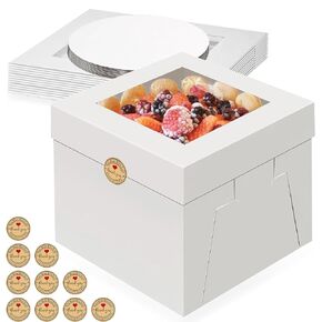 10 Pack Cake Boxes, 12 x 12 x 8 Inches Tall Cake Boxes with Window, Disposable White Cardboard Bakery Boxes Large Baking Boxes for Cake Decorating Supplies, Cookies, Pies, Cupcakes