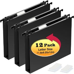 Extra Capacity Plastic Hanging File Folders,12 Pack Reinforced Hang Folder,Heavy Duty 1 Inch Expansion,Plastic Filing Cabinet Folders,Letter Size,Designed for Bulk Files, Medical Charts,Black