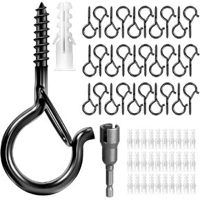 PATILWON 30Pack Screw Hooks for Hanging, Hooks for Outdoor String Lights with Windproof Buckle, Metal Ceiling Hooks for Hanging Plants, Birdcages, Feeders, Christmas Decor (30, Black-Circle)