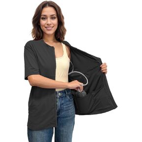 Youdiao Mastectomy Shirts with Drain Pockets Post-Surgery Must Haves Soft Full Front Zip-Up Short Sleeve Recovery Tops