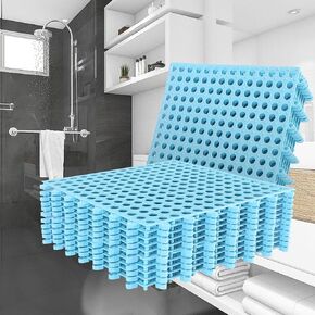 12 Pack 12" x 12" Interlocking Floor Tiles with Drain Holes Soft Non-Slip Shower Floor Mat Modular Cushion Mat for Bathroom, Drain, Pool, Patio, Balcony, Blue