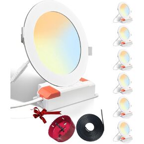 LED Recessed Light, 6 Packs 3CCT 6 inch Ultra-Thin LED Recessed Ceiling Light with Junction Box,3000K/4000K/6000K Selectable Dimmable LED Can Lights High Brightness Downlight