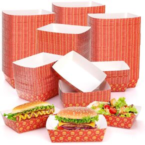 200 Pack Paper Food Trays, 2 lb Heavy-Duty Food Boats with Hamburger Pattern, Grease Resistant Cardboard Food Tray, Disposable Paper Boats for Serving Food Snacks BBQ Hot Dogs