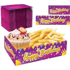 40 Pcs Happy Birthday Party Decorations (Purple) Disposable Snack Trays, Disposable Paper Food Tray Happy Birthday Party Supplies Boats Boxes Basket Container Holder for Popcorn Burger Nacho Hot Dog