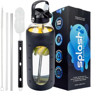 Splash 64Oz Glass Water Bottle With Silicone Sleeve, Liquid Markers, Stainless Steel Straw, Hydro-Lock Lid, Straw Cleaning Brush. Glass Bottle Cleaning Brush, and 2 Straws for Gym, Home, Workout