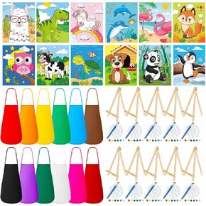 84 Pcs Kids Paint Party Set Include 12 Animal Pre Drawn Canvas 12 Brushes 12 Palettes 12 Set Acrylic Paints 12 Apron Canvas Painting Kit for Kids Art Paint Party Valentines Gift