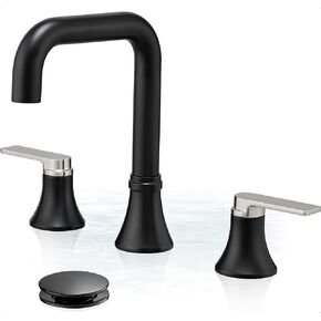 Black Bathroom Faucet Widespread 360 Degree Swivel Bathroom Faucets for Sink 3 Hole 4-10 Inch, 2 Handles Bathroom Sink Faucet with Pop-Up Drain & Water Supply Hose for Hotels, Rental Houses, RV