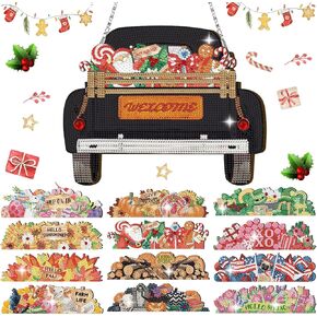 Menkxi 13 Pcs Interchangeable Diamond Painting Truck Welcome Sign for Front Door Christmas Winter Hanging Truck Decor Interchangeable Seasonal Decor with 12 Christmas Winter Icons(Blue) in Kuwait