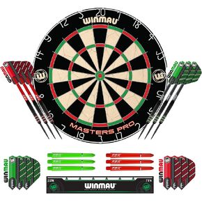 Winmau Darts - Masters Pro Premium Bristle Dartboard Set - Includes Dart Board, Darts, Flights, Shafts and Oche Strip - Professional Steel Tip Dartboard Set for Adults