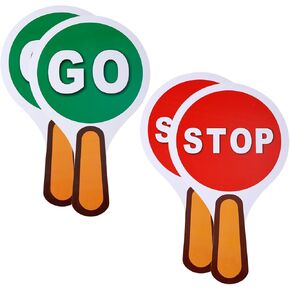 4pcs Stop and Go Sign With Handle, Waterproof Crossing Guard Road Signs Small Red & Green Handheld Sign Red Light Green Light Double Sided Hand Held Sign for Kids Teaching Classroom Traffic Safety