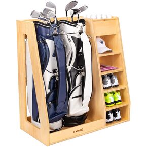 Golf Bag Storage Garage Organizer, Premium Wooden 2 Golf Bags Rack Stand holder, Golf Trunk Organizer for Garage, Club, Shed, Basement