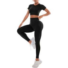 SweatyRocks Women's 2 Piece Workout Outfits Short Sleeve Cropped Top with Padded and High Waist Slim Fit Legging Sets