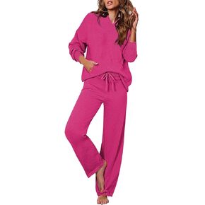 مجموعة ملابس نسائية من Viottiset مكونة من قطعتين مع هوديس وأكمام طويلة مع جيب بنطال بأرجل واسعة أطقم صالة وردي فاقع L in Kuwait