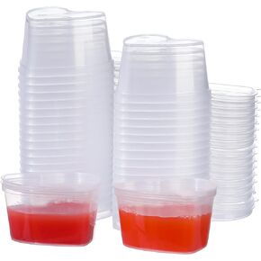 RONRONS 50 Pieces Disposable Sauce Cups with Lids, Plastic Heart Shaped Jello Shot Cup 1.5oz Clear Condiment Dressing Containers, Reusable Seasoning Portion Dispenser for Souffle Sample Slime