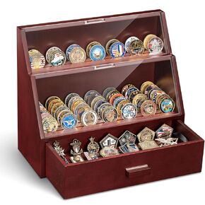 Challenge Coin Display Case 13 Row Military Coin Display Case Holds 100 Coins or Military Medals for Desktop, Solid Wood Challenge Coin Holder with HD Acrylic and Drawers, Mahogany