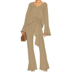 Jumppmile Women's 2 Piece Outfits Set V Neck Knit Top Wide Leg Flare Pants Sweater Sets Sweatsuit