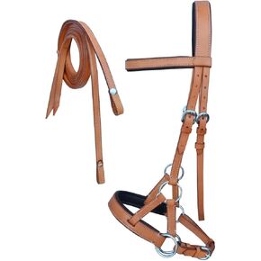 Horse Western Leather Padded Bitless Sidepull Bridle Reins 7709